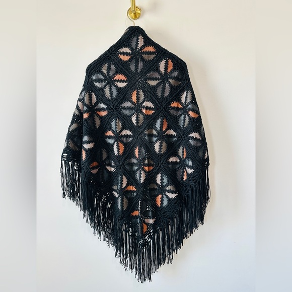 Rare Multicolor Genuine Leather Patchwork Crochet Fringe Cape O/S - Picture 5 of 8